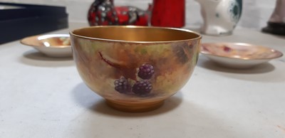 Lot 29 - Set of six Royal Worcester fruit painted coffee cans and saucers, and a sugar bowl