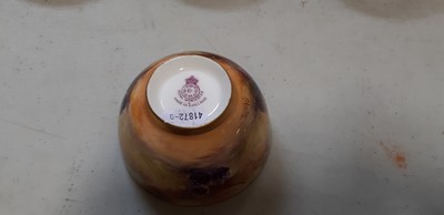 Lot 29 - Set of six Royal Worcester fruit painted coffee cans and saucers, and a sugar bowl
