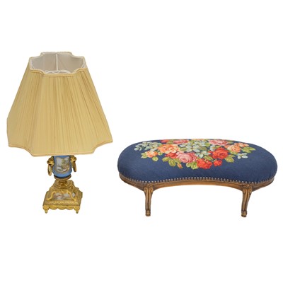 Lot 454 - French gilt metal and blue porcelain lamp and a kidney shaped stool