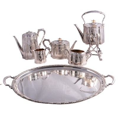 Lot 123 - Victorian electroplated five-piece teaset, tray and other plated wares
