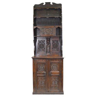 Lot 396 - Oak cupboard and matched delft rack, adapted