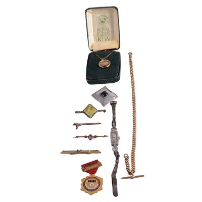Lot 456 - Rolled gold watch chain and lockets, gemset and other brooches, pendants, and wristwatches.