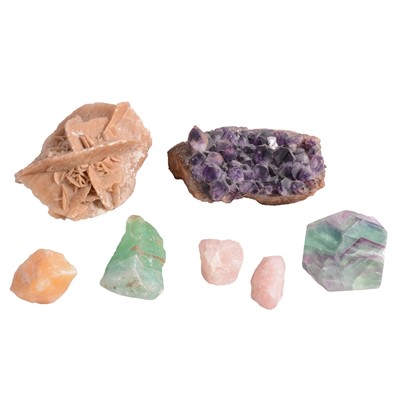 Lot 299 - Amethyst part geode, polished fluorite, selenite, rose quartz crystals and other crystals.