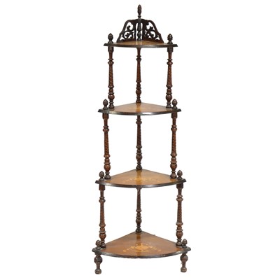 Lot 334 - Victorian walnut and marquetry corner whatnot shelves