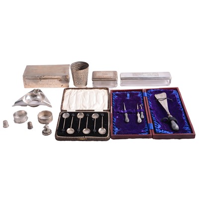 Lot 327 - Cricket interest - silver cigarette case, coffee spoons, napkin rings, thimbles, and other items.