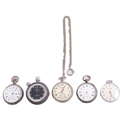 Lot 1125 - Omega stop watch, pocket watches, and metal Albert watch chain.