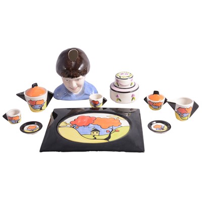 Lot 3 - Lorna Bailey - a miniature teaset, bust, and cake.