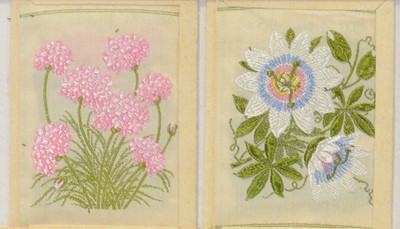 Lot 277 - Sixteen small frames of cigarette silks, mostly floral designs.