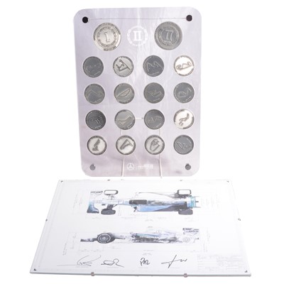 Lot 165 - Formula 1 interest - a 2015 Mercedes-Benz F1W06 Hybrid technical drawing, and medal set.