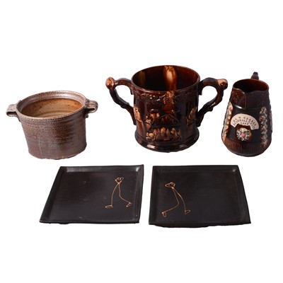 Lot 45 - Large twin-handled treacle-glaze double frog tankard, Measham bargeware, and studio pottery.