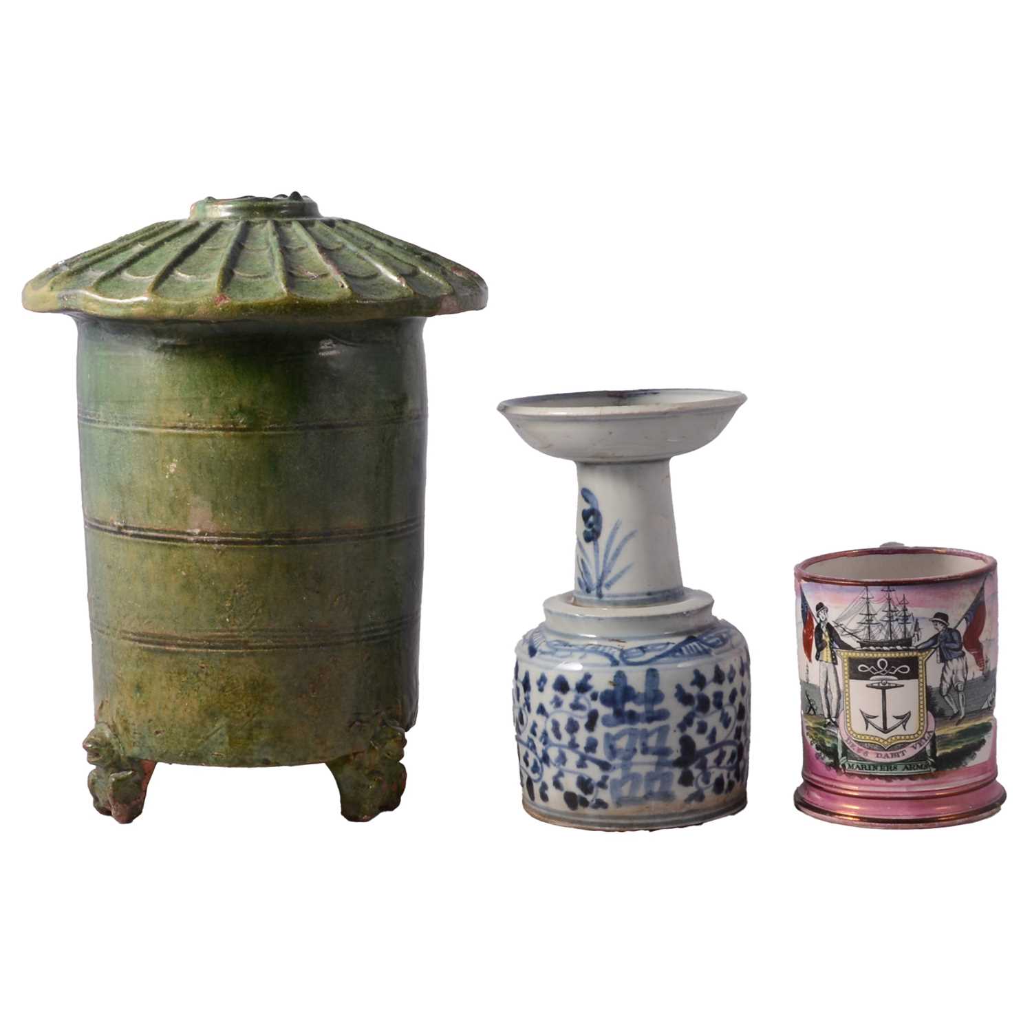 Lot 43 - Chinese rice container, blue and white candlestick, etc.
