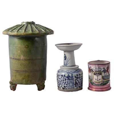 Lot 43 - Chinese rice container, blue and white candlestick, etc.