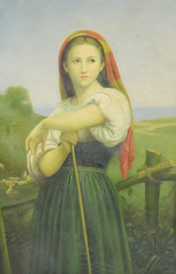 Lot 371 - After Bougereau, Child at Bath and Young Shepherdess, and after Anthonis Mor, William of Orange-Nassau, three prints on canvas
