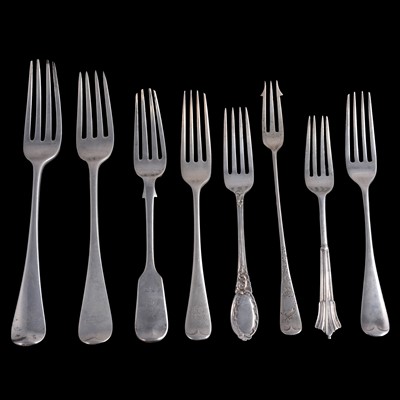 Lot 319 - Victorian silver table fork, John Stone, Exeter 1850, and other silver forks.
