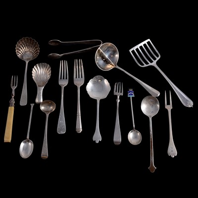 Lot 303 - Set of ten silver pickle forks, Bert & Co, London 1906, and other flatware.