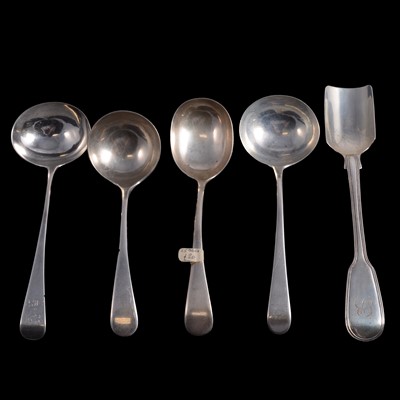 Lot 302 - Georgian silver scoop, possibly William Chawner II, London 1830, and other flatware.