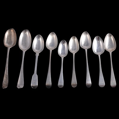 Lot 329 - Pair of Georgian silver tablespoons, George Burrows (I), London 1796, and other flatware.