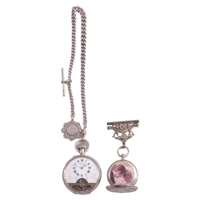 Lot 1114A - A silver open face pocket watch and Albert watch chain.
