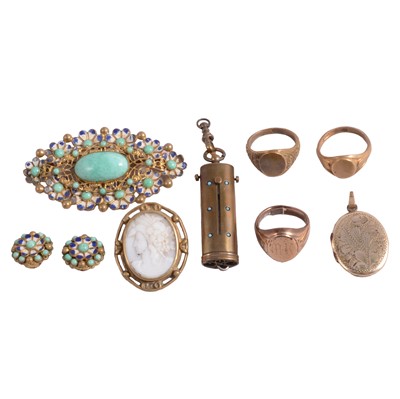 Lot 457 - Three gold-plated rings, enamel set, rolled gold locket.
