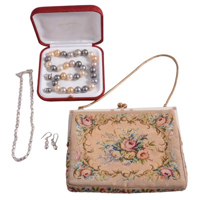 Lot 469 - Wright & Teague - a silver necklace and earrings, Majorica pearls and a tapestry evening bag.
