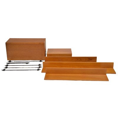 Lot 432 - 1960s teak wall mounted bureau, desk and three wall shelves