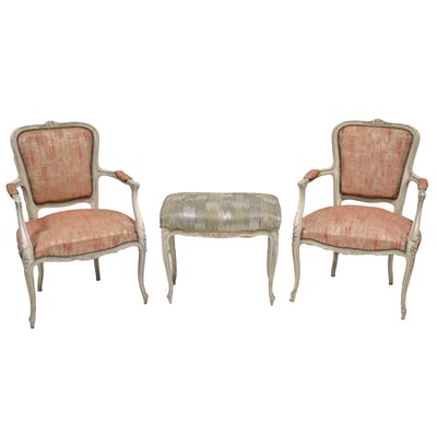 Lot 392 - Pair of French fauteuil and matching stool