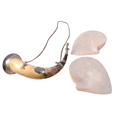 Lot 151 - Continental horn and two carved mother of pearl shells
