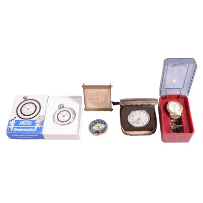 Lot 1238 - Ingersoll quartz wristwatch, travel clocks, boxes, etc.