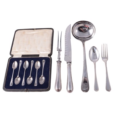 Lot 102 - Set of six silver teaspoons, CW Fletcher & Son Ltd, Sheffield 1919, and silver-plated part canteen.