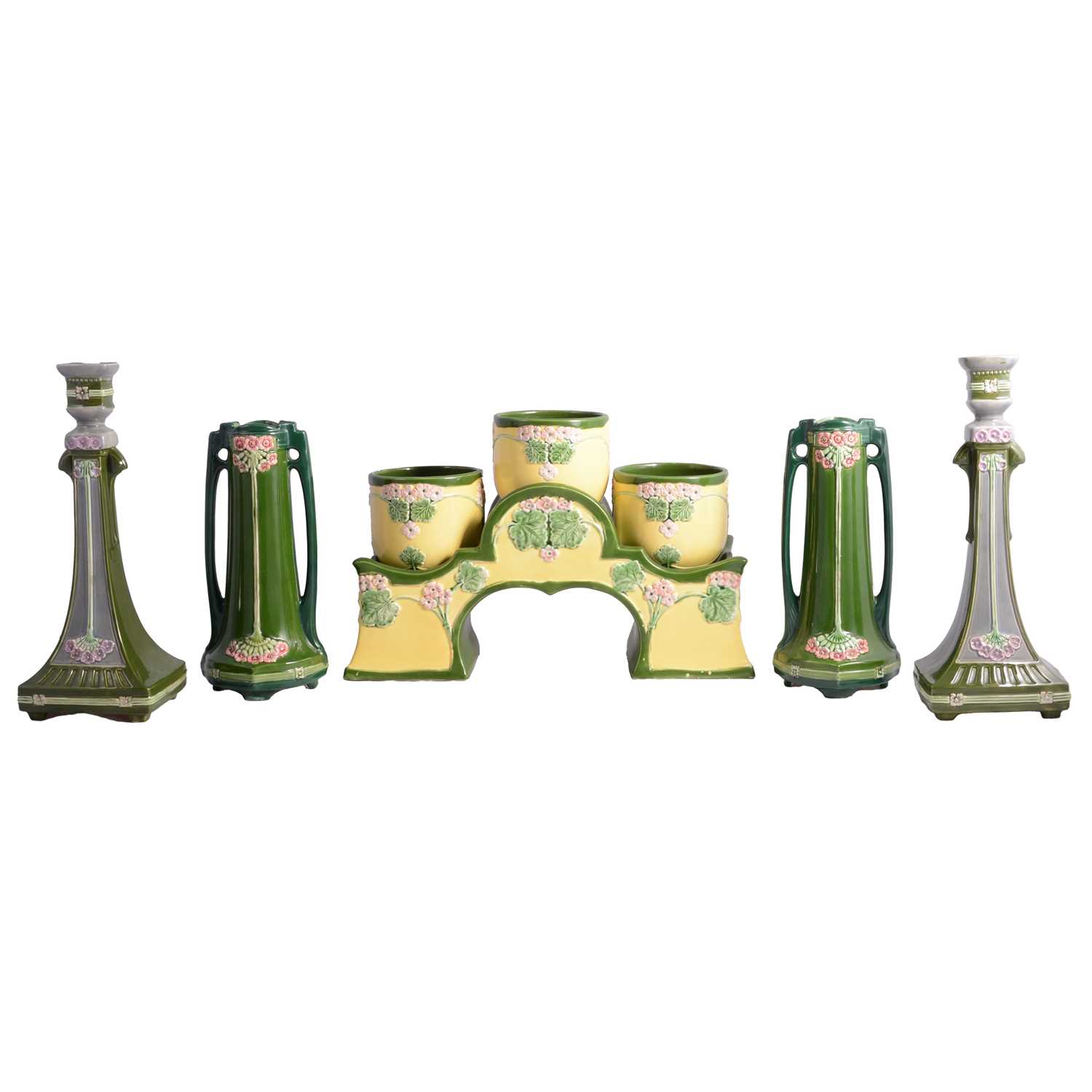 Lot 24 - Eichwald Pottery - pair of Art Nouveau vases, candlesticks, and jardinieres on stand.