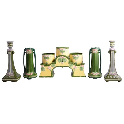 Lot 24 - Eichwald Pottery - pair of Art Nouveau vases, candlesticks, and jardinieres on stand.