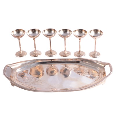 Lot 103 - Kayserzinn - set of six Art Nouveau pewter liqueur glasses, and tray.