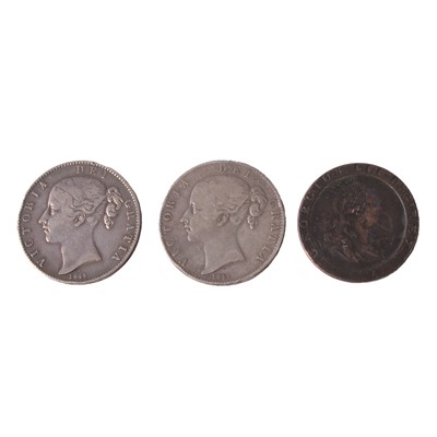 Lot 166 - Two Victoria crowns, Young Head 1844, and George III 'Cartwheel Penny' 1797.