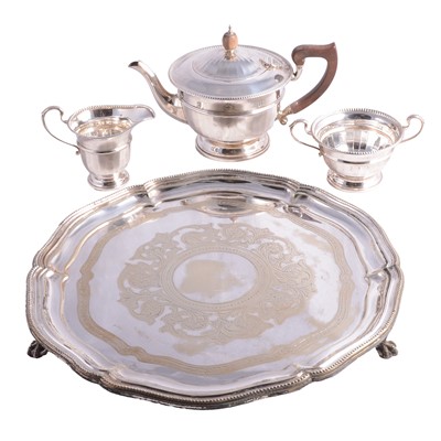 Lot 202 - Silver three-piece teaset, Adie Brothers Ltd, Birmingham 1930, and silver-plated salver .