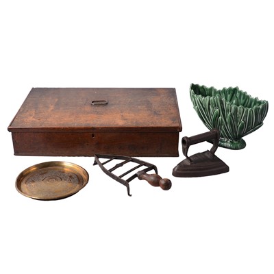 Lot 107 - Sylvac vase and fish jug, brassware, bible box, flat iron, two silver mounted photograph frames, two silver spoons.