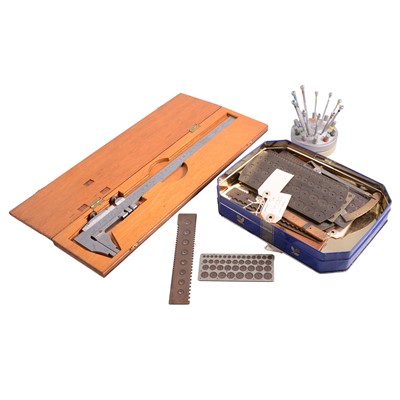 Lot 1132 - Metal five drawer cabinet, watch makers tools