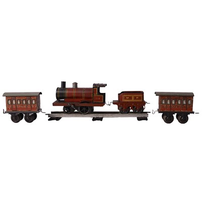 Lot 266 - GBN/ Bing, O gauge clockwork model railway locomotive, tender, and coaches