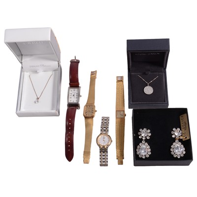 Lot 449 - A silver pendant with clear synthetic stones, pair of paste set drop earrings, paste solitaire pendant, four watches.