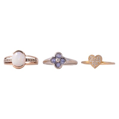 Lot 29 - Three gemset rings, opal and diamond, and others.