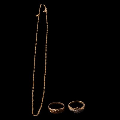 Lot 154 - Two gemset rings, and a yellow metal chain necklace.