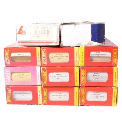 Lot 123 - Hornby (China), nine 00 gauge model railway 'Virgin Trains' coaches, and related