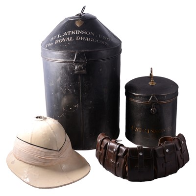 Lot 135 - St. L Atkinson Esq. The Royal Dragoons, helmet chest with pith helmet, bandalier, boots and helmet.