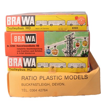 Lot 225 - Three Brawa HO kits, trackside kits and models, model railway electrics, various.