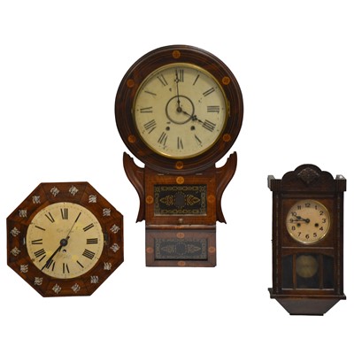 Lot 379 - Regency and inlaid wall clock, walnut cased wall clock and an oak wall clock