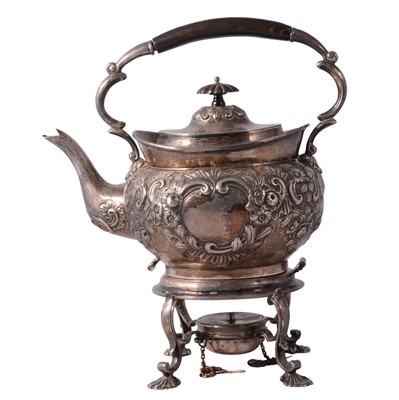 Lot 211 - A Victorian silver tea kettle and stand with burner, Carrington & Co (John Bodman Carrington), London 1899