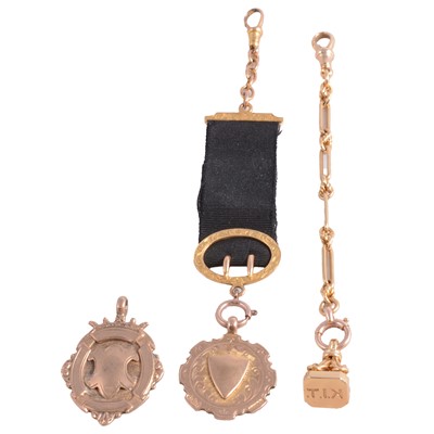 Lot 367 - A small length of chain with fob, two medallions one on a ribbon.