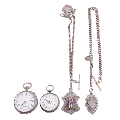 Lot 1116 - Two silver fob/pocket watches, and two silver Albert watch chains.