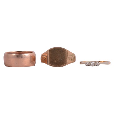 Lot 143 - Signet ring, wedding ring and a small diamond three stone ring.