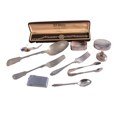 Lot 463 - Silver and white metal jewellery, wristwatch, pill boxes, lighters and silver-plated wares.