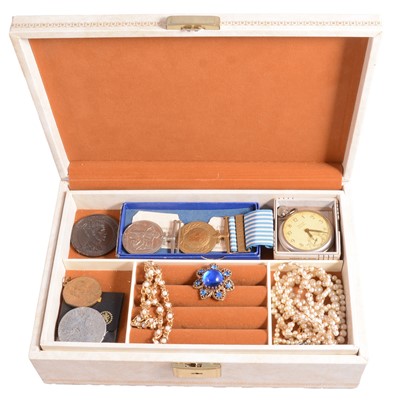 Lot 532 - A jewel box with costume jewellery, Westclox pocket watch, Korea medals.